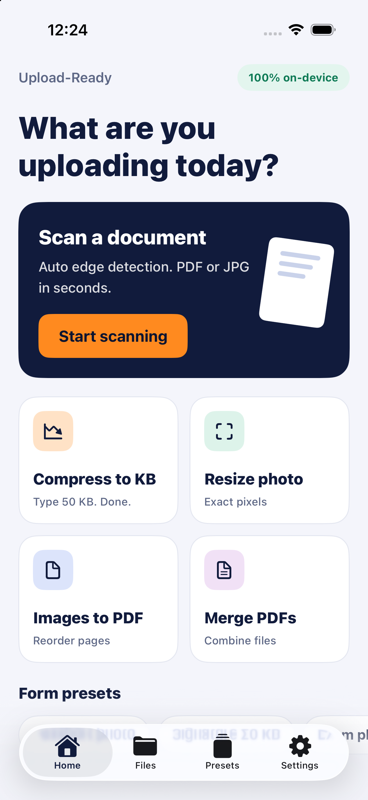 DocSlim home screen showing Scan a document, Compress to KB, Resize photo, Images to PDF and Merge PDFs