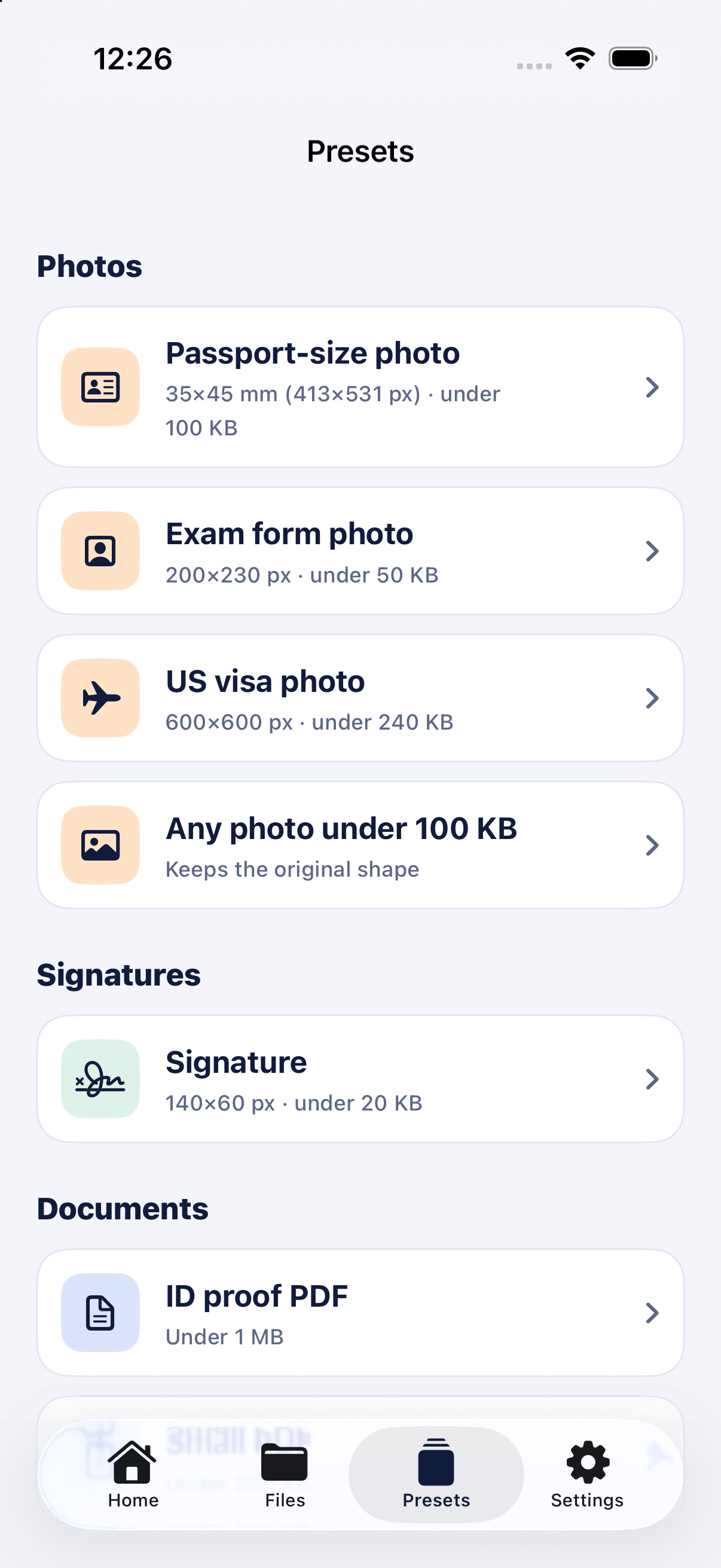 Presets screen listing passport, exam, visa and signature presets