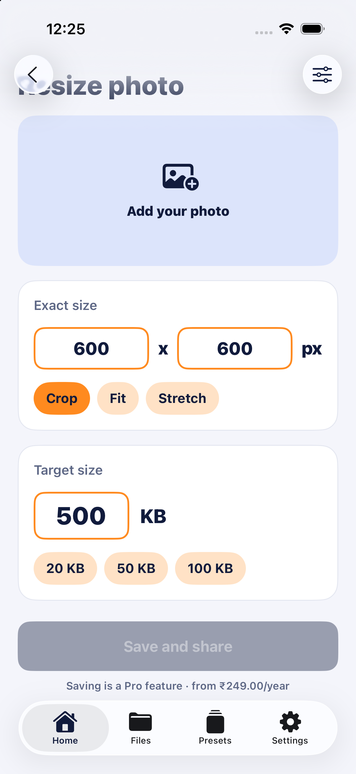 Resize photo screen with exact pixel and target KB inputs